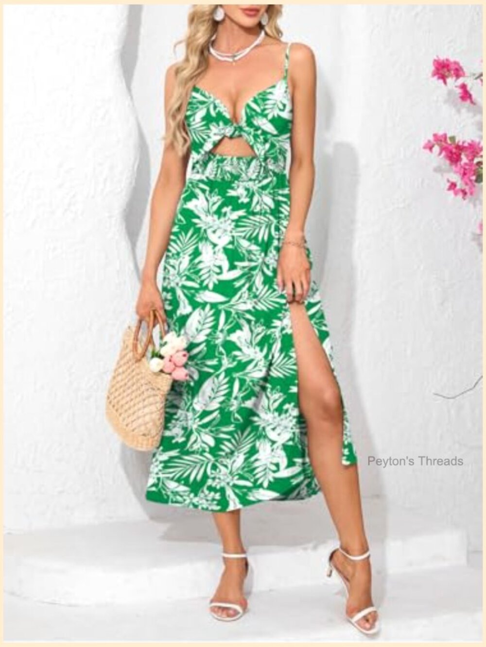 Sleeveless V Neck Tie Front Cut Out Floral Maxi Sundress Spaghetti Strap Slit - Picture 5 of 6